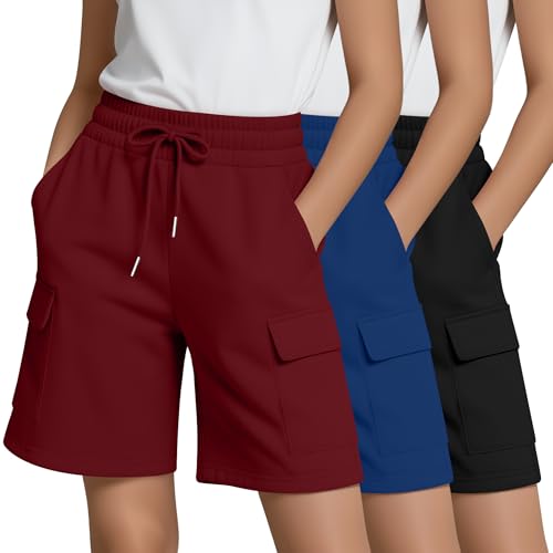 Image of 3 Pack Girls' Cargo Bermuda Shorts | Cargo Shorts, Knee Length, SweatShorts, Long Shorts, with 4 Pockets, Summer, Back to School, Clothes, 5-14 Years