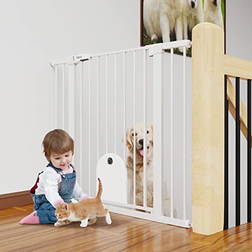 Image of Babelio 36 inch Tall Baby Gate with Adjustable Cat Door, CatPrivilege I, 29-43 inch | Auto Close, Safety Gate for Stairs, Easy Walk Thru with Pet Door, Includes 4 Wall Cups and 3 Extension Pieces, White
