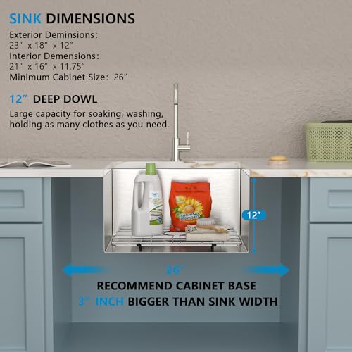 Image of 23 Undermount Laundry Sink - Fulorni 23 inchx18 inch Laundry Room Utility Tub Sink Under Counter 16 Gauge 304 Stainless Steel 12 Inch Deep Single Bowl Basin