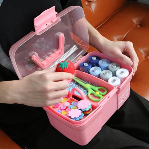TERGOO 11in Mutipurpose Storage Box Organizer with Removable Tray, Portable Small Craft Organizer with Handle, Plastic Clear Tool Box Art Case for Makeup, Sewing, Nail, Hair Accessories (Pink) - Thumbnail 7