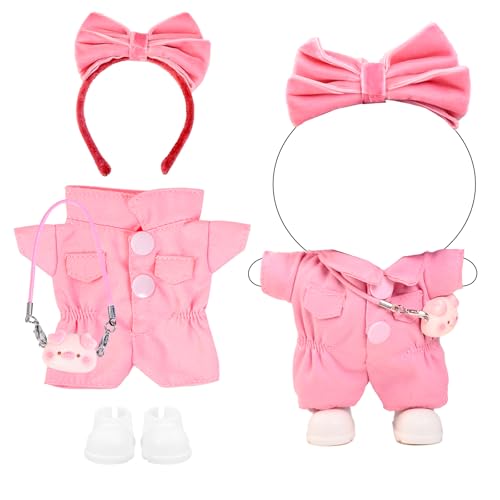 4PCS Pink Kawaii Doll Romper Set Pink Bunny Jumpsuit with Bow Tie for 15-17cm 4 Inch Blind Box Dolls Includes Bow Headwear, Crossbody Bag, One-Piece Workwear and Shoes (NO Doll)