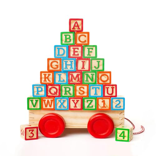 Image of Oaktown Supply Building Blocks for Toddlers 1-3 Years Old, 30 Large Stackable Wooden Baby Blocks with Alphabet and Number Icons on Every Side, Toy Wagon Included﻿
