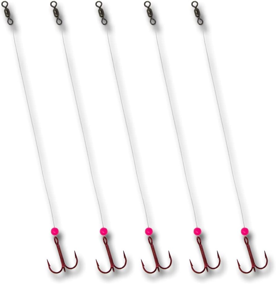 Tooth Shield Tackle Ice Fishing Fluorocarbon Walleye Tip Up Leader/Rig (15 lb) Ice Fishing Walleye Predator Rig (5 Pack) [Pink Bead]
