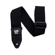 Durable and comfortable 2 inch wide polypropylene webbing. Adjustable length 41 inch to 72 inch. Quality black leather ends. Ernie Ball logo stamped in gold print. Black Delrin adjustable buckle and connector.
