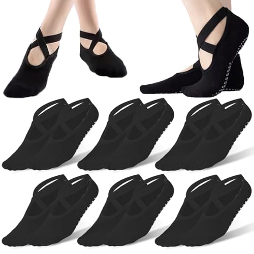 Tergy 6 Pairs Yoga Socks with Grip for Women Anti Skid Gripper No Slip Socks for Pilates Barre Dance Yoga (US Alpha (Alpha) One Size Regular 6 Pairs Black)
