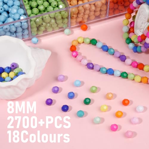 Image of 2600+pcs Faceted Beads Kit 18 Color Rainbow Opaque Plastic Beads Multicolor Loose Spacer Pony Beads Bulk Elastic String for Bracelets Necklaces Key Chains DIY Craft Jewelry Making