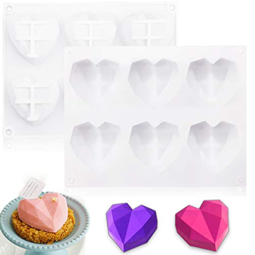 Silicone Heart Molds,2 PCS Heart Silicone Mold 6 Cavities,Heart Shaped Silicone Mold,Chocolate Mold 3D Diamond Heart,Baking Mold Cake Mold Tray for Baking,Handmade Soap Mold Candy Making Set(White)