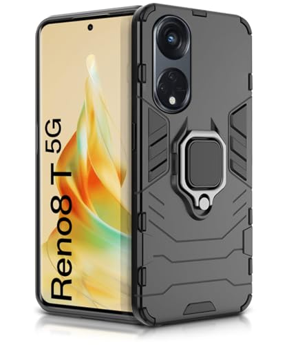 Image of WOW IMAGINE Shock Proof Back Case Mobile Cover for Oppo Reno8 T | Reno 8T 5G | Back Cover Case (Tough Armor | Hybrid PC + TPU | Ring Holder & in-Built Kickstand | Black)