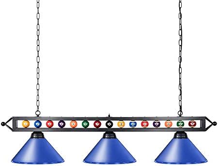 Wellmet 59'' Hanging Pool Table Light Fixture for Game Room Beer Party, Ball Design Metal Billiards Light with 3 Lamp Shades, Suitable for 7~9 Foot Pool Tables (Blue)