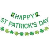 Green Glitter Happy St Patricks Day Banner and Shamrock Garland, Saint Patricks Day Shamrock Clover Garland Banner Decorations for Happy Saint Patrick's Day Banner Decorations