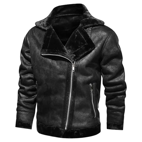 Chaqueta de cuero para hombre con forro de piel y cierre grueso miniatura 1