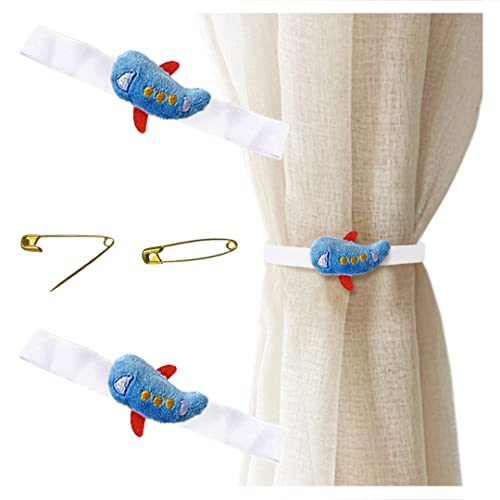 2 Pcs Cartoon Car Plane Curtain Tiebacks Mini Window Drapes Holdbacks Curtain Tie Back Curtain Holder for Nursery Kids Bedroom Blue Airplane