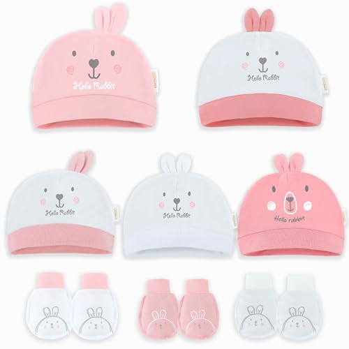 DOKMA Organic Cotton Baby Mittens and Caps Set with Adorable Bunny Design for Newborn 0-6 Months, No Scratch, Ultra Soft, Lovely Pink