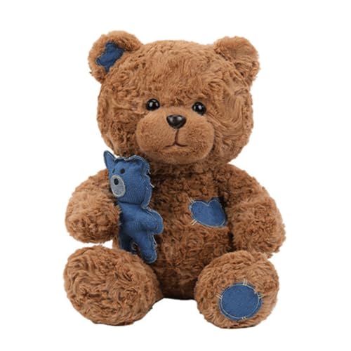 HOMEXYLYL Juguete de Peluche de Oso Pardo, muñeco de Oso de Peluche Sentado con Detalles de Parche de Mezclilla, Almohada complementaria esponjosa for Regalos de decoración del hogar(45cm/17.7in)