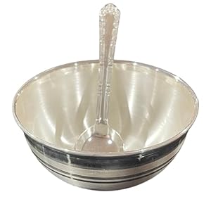 Balaji 999 Pure Silver Hallmarked 4.0 inch Bowl & Spoon for Youth/Adults -4.0 inch Designer Set#01