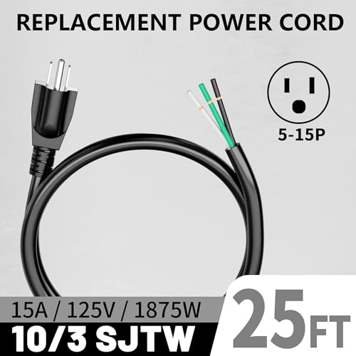 Image of Vockjour 25 ft 10 /3 Appliance and Power Tool Cord, 10 AWG 3 Prong Black Heavy Duty Replacement Power Cord with Open End, NEMA 5-15P, 125V AC Pigtail, 15A 1875W