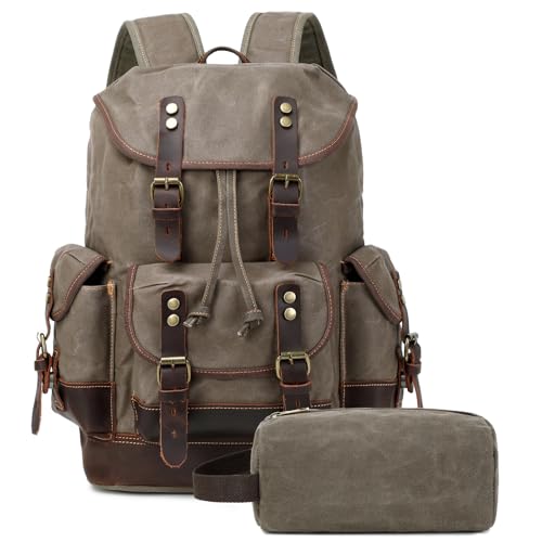 Vintage Leather Canvas Backpack, Waxed Canvas Shoulder Rucksack for Travel Laptop Bag for Business Travel Backpack With Toiletry Bag(Army Green)