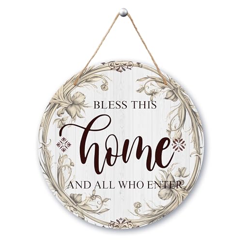 Welcome Door Sign, Bless This Home Front Door Decor, Christian Farmhouse Welcome Sign For Front Door Porch, Greenery Round Home Door Hanger Sign With Rope, Housewarming Gifts -21