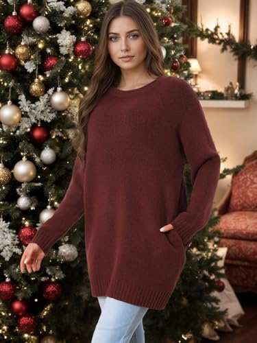 Image of Seta T Women's Sweaters Long Sleeve Crewneck Cozy Oversized Sweater Loose Fit Tunic Tops with Pockets