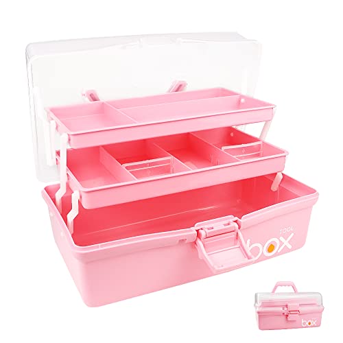HengLiSam 12in Three-Layer Clear Plastic Storage Case for Art Craft and Cosmetic, Multipurpose Organizer and Portable Handled Storage Box for Home, School, Office (Pink)