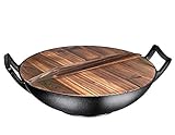 Bruntmor, Pre-Seasoned Cast Iron Wok, Black, 14-inch w/ Large Loop Handles & Flat Base With Wooden Lid