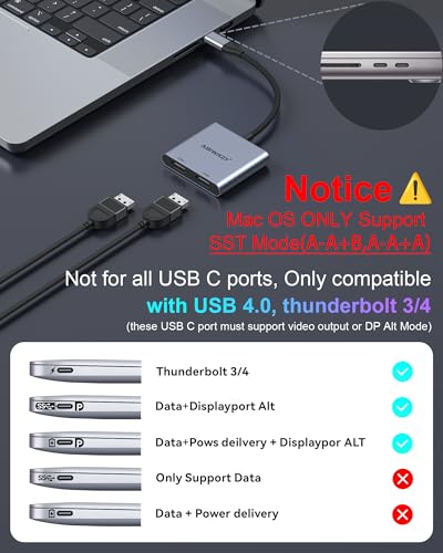 USB C to Dual HDMI Adapter 4K@60Hz,HDMI Splitter for Dual Monitors Extend Display, USB C HUB Multi Monitor Adapter to 2HDMI Ports Converter for Dell XPS 13/15/17, HP, Lenovo, Surface Type C Laptop - Thumbnail 2