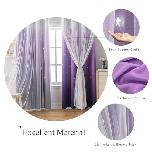 Image of indistar Dreamy Star Cutout Blackout Curtains with White Sheer,Double Layer Curtains for Girls Bedroom, Hollow Out Drapes for Nursery (2 Panel,52Wx63L,Dark Purple)