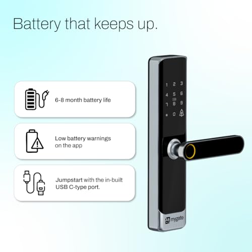 Image of Mygate Smart Door Lock SE with 6 Unlock Methods | Fingerprint, OTP, PIN, RFID Card, Key & Mobile App Access | Unauthorized Freeze & Pin Decoy | Remote Unlocking via OTP| 3-Year Warranty by Mygate