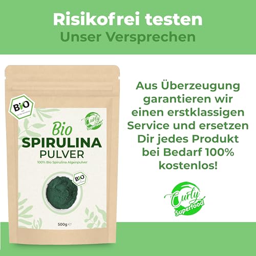 Curly Superfood Spirulina Pulver Bio 500g - 100% naturreine BIO Rohkostqualität - Fein gemahlenes Bio Spirulina Pulver für Smoothies, Säfte & Speisen