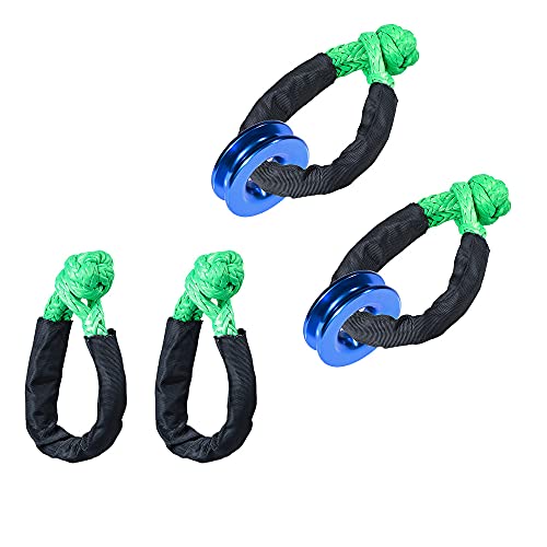 Set of 4 Green Synthetic Soft Shackle Rope Breaking Strength 38000lbs WLL 15000lbs + 2X Blue Snatch Aluminum Recovery Ring for Trailer Truck Snow Plow Tree Strap 3/8