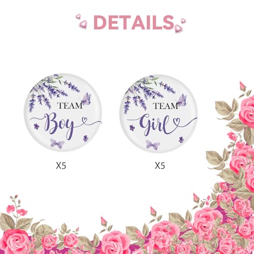 10 Pcs Lavender Gender Reveal Button Pins, Purple Flower Team Boy Team Girl Badge Pins, Lavender Flower Gender Reveal Button, Boy or Girl Stain Brooch for Baby Shower Party Decorations4
