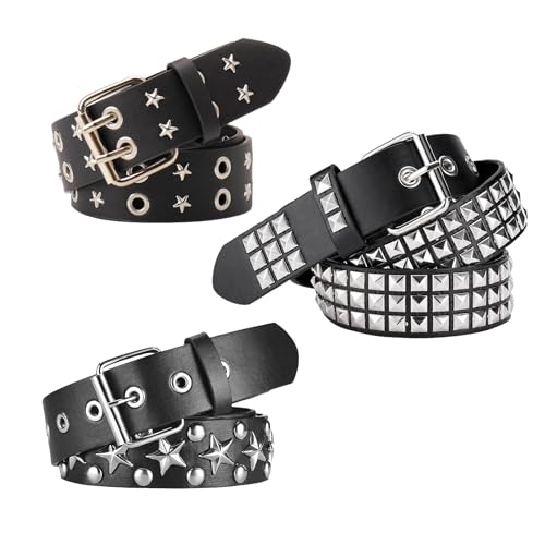 3 PCS Black Studded Belt,Y2K Belt Star Gothic Punk Rock Belt,Bright Metal Pyramid for Women,Metal Punk Rock Rivet Belt,y2k Belts for Women,Punk Waist Belt for Halloween Cosplay