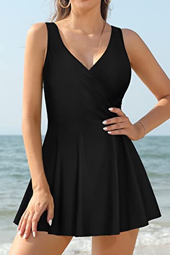 Image of SHEKINI One Piece V Neck Skirt for Women Modest Tummy Control Swimdress Bathing Suits Swimsuit