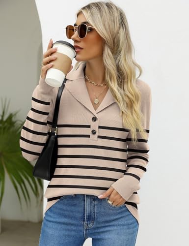 Image of LOMON Sweaters for Women 2025 Fall Knitted V-Neck Collared Button Pullover Dressy Casual Long Sleeve Polo Shirts Business