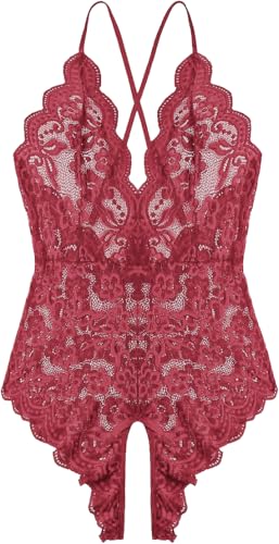 Lahaima Women One Piece Lingerie Sexy Teddy V Neck Bodysuit Lace Nightie (Wine Red, Large)