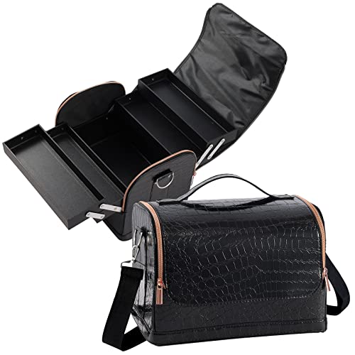 Stagiant Makeup Case Leather Cosmetic Train Case Travel Organizer Storage for Makeup Artist, Nail Tech, Hairstylists with Strap 4 Trays Rose Gold Zipper Craft Salon Barber Bag Case - Leather Black