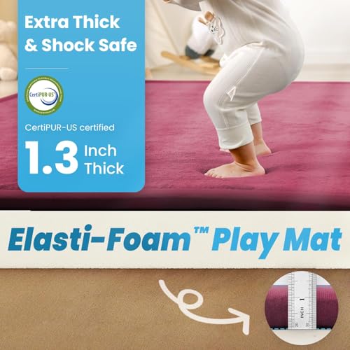 Image of 1.3 inch Thick Baby Play Mat for Floor Playpen, 50x50 Foam Tummy Time Mat, Padded Support Soft Plush Nursery Rug for Infant Kids Toddler Crawling Kick Activity (Burgundy)