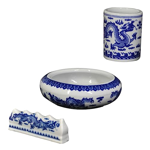 Pot à pinceaux céramique bleu blanc pour bureau - 2