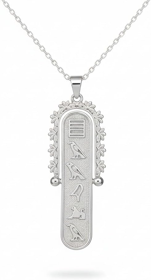 Egyptian Cartouche Necklace Gold, Spinning Double-Sided Personalized Name Pendant with Floral Detail, Unique Gift for Women