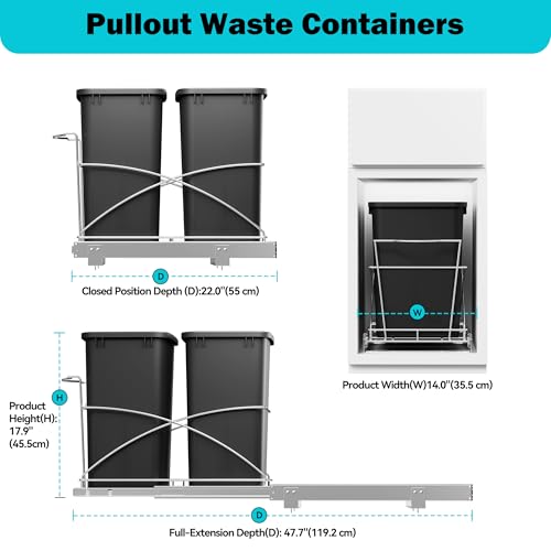 Image of Pull Out Trash Can Under Cabinet,14 inch Wx22 inch D, Trash Can Not Included | Heavy Duty Kitchen Garbage Bin, Soft-Close Full Extension Slides, Slide Out Waste Container for Kitchen Cabinets