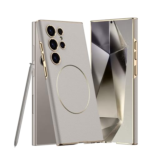 Image of Midkart Leather Case Compatible with Samsung Galaxy S24 Ultra and Compatible with Magsafe Charging Electroplated Hard PC Lightweight Cover, Beige