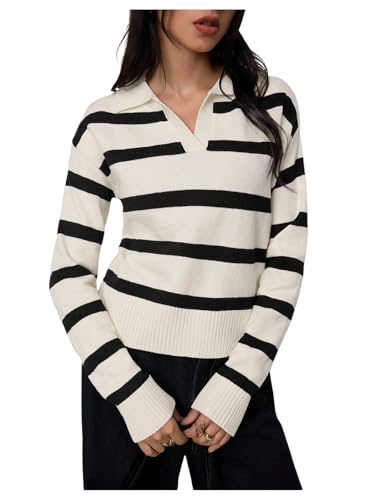Women's Striped Collar V Neck Sweaters Long Sleeve Retro Knit Pullover Tops Old Money Clothes