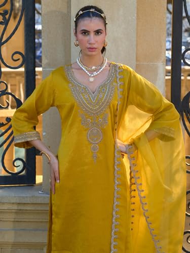Image of INDO ERA Women's Silk Blend Embroidered Straight Kurta and Pant with Dupatta Set (KH9BK6210)