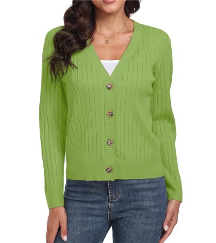 Image of Women's Green Classic Dressy Stirped Cardigan with V Neck Button Sweaters Crew Neck Lady Lightweight Jacket 2024 Fall Winter Size S