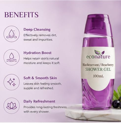 Image of Econature Shower Gel & Body Wash for Men & Women | Peach & Avocado, Mimosa & Neroli Blossom, Blackcurrant & Bearberry Variants | Refreshing & Moisturizing Bath Gel | All Skin Types (Blackcurrent & Bearberry Shower Gel)