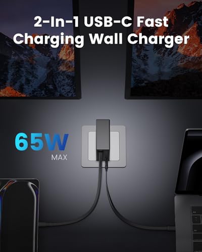 Image of Gitryin 65W USB C Wall Charger with Built-in Retractable Cable, 2-in-1 Foldable Fast Charger Block, Travel Essentials Compatible for Laptop, MacBook Pro /Air, iPhone 17 /16, iPad, Galaxy, Pixel, Black