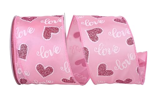 Reliant Ribbon 93777W-061-40F Glitter Hearts Love Wired Edge Ribbon, 2-1/2 Inch X 10 Yards, Pink