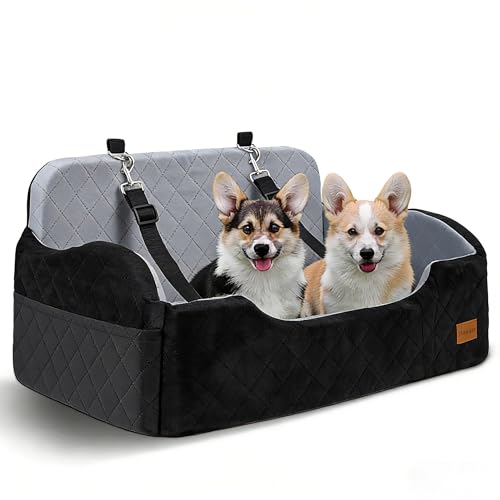 Seggiolino per cani fino a 25 kg, 2 guinzagli di sicurezza regolabili con clip, cuccia per cani di piccola taglia, completamente rimovibile e lavabile, con 2 tasche portaoggetti (nero)