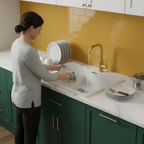 Image of ARQUIN Quartz Kitchen Sink 21x18x9 Inch Sand Pluto | Single Bowl Sink | Durable & Scratch-Resistant | Undermount /Topmount Including Coupling, Waste Pipe & Fruit Washing Basket