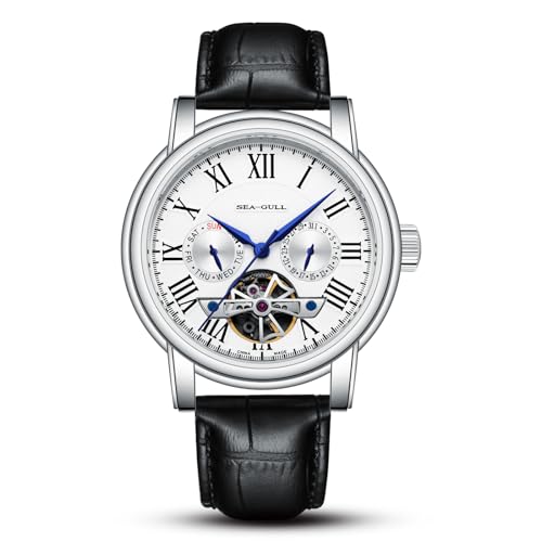 SEA-GULL 2021 Seagull Herrenuhr Hohl Automatische Mechanische Uhr Kalender Potenzial Multifunktions Schwungrad Business Uhren, Weiß-D819.624, Armband